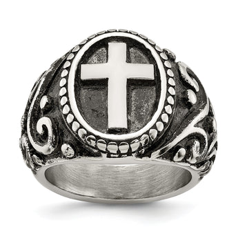 Stainless Steel Antiqued and Polished Cross Ring - Birthstone Company