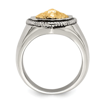 Stainless Steel w/14k Accent Antiqued & Polished Lion on Shield Ring - Birthstone Company
