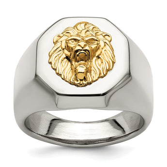 Stainless Steel w/14k Accent Polished Lion Head Ring - Birthstone Company