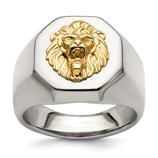 Stainless Steel w/14k Accent Polished Lion Head Ring - Birthstone Company