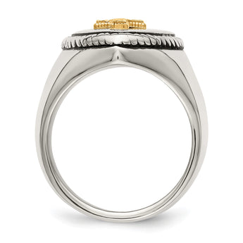 Stainless Steel w/14k Accent Antiqued & Polished Cross on Shield Ring - Birthstone Company