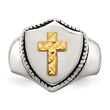 Stainless Steel w/14k Accent Antiqued & Polished Cross on Shield Ring - Birthstone Company