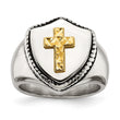Stainless Steel w/14k Accent Antiqued & Polished Cross on Shield Ring - Birthstone Company