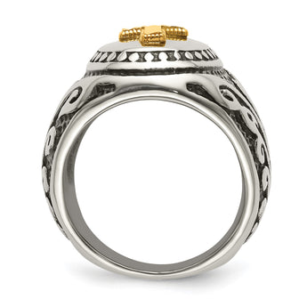 Stainless Steel w/14k Accent Antiqued and Polished Cross Ring - Birthstone Company