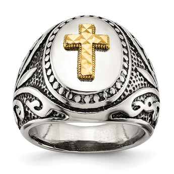 Stainless Steel w/14k Accent Antiqued and Polished Cross Ring - Birthstone Company