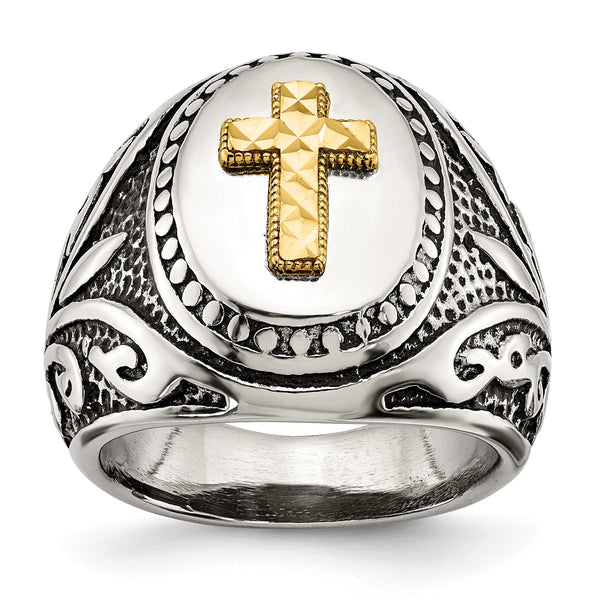 Stainless Steel w/14k Accent Antiqued and Polished Cross Ring - Birthstone Company