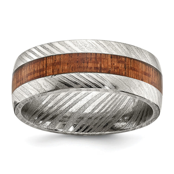 Damascus Steel Polished with Wood Inlay 8mm Band - Birthstone Company