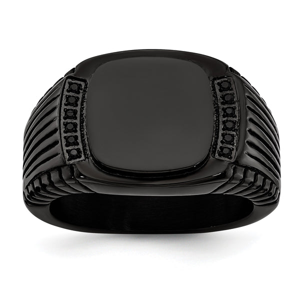 Stainless Steel Polished Black IP-plated with Black CZ Signet Ring - Birthstone Company