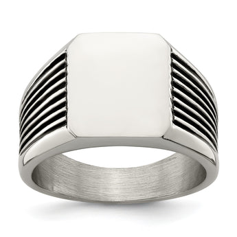 Stainless Steel Polished with Black Enamel Signet Ring - Birthstone Company