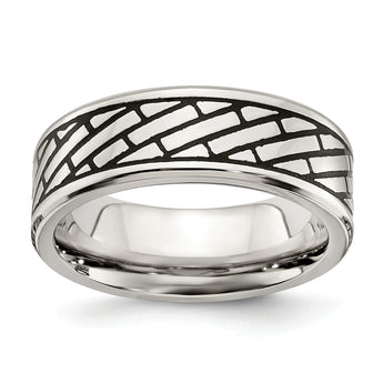 Stainless Steel Antiqued and Polished Brick Pattern 7.5mm Band - Birthstone Company