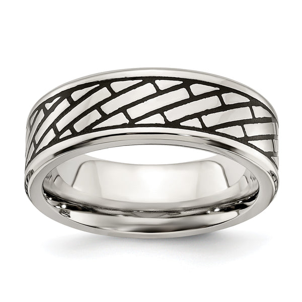 Stainless Steel Antiqued and Polished Brick Pattern 7.5mm Band - Birthstone Company
