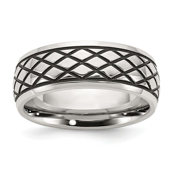Stainless Steel Polished and Antiqued Checkered Pattern 8mm Band - Birthstone Company