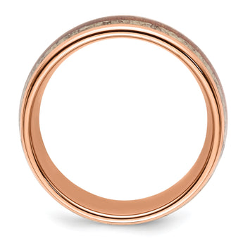 Stainless Steel Polished Rose IP w/Wood and Antler Inlay 8mm Band - Birthstone Company