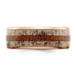 Stainless Steel Polished Rose IP w/Wood and Antler Inlay 8mm Band - Birthstone Company