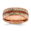 Stainless Steel Polished Rose IP w/Wood and Antler Inlay 8mm Band - Birthstone Company