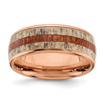 Stainless Steel Polished Rose IP w/Wood and Antler Inlay 8mm Band - Birthstone Company