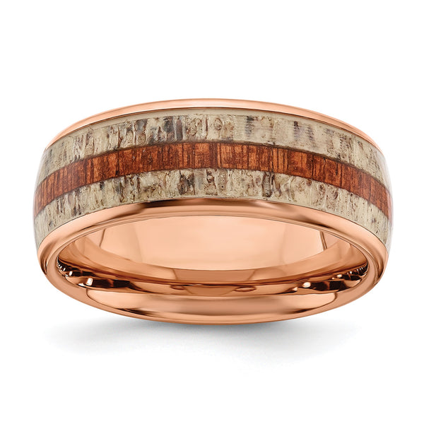 Stainless Steel Polished Rose IP w/Wood and Antler Inlay 8mm Band - Birthstone Company