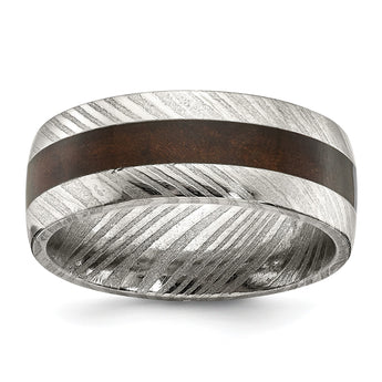 Damascus Steel Polished with Wood Inlay 8mm Band - Birthstone Company