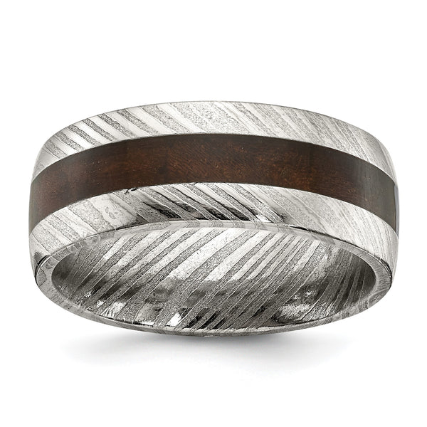 Damascus Steel Polished with Wood Inlay 8mm Band - Birthstone Company