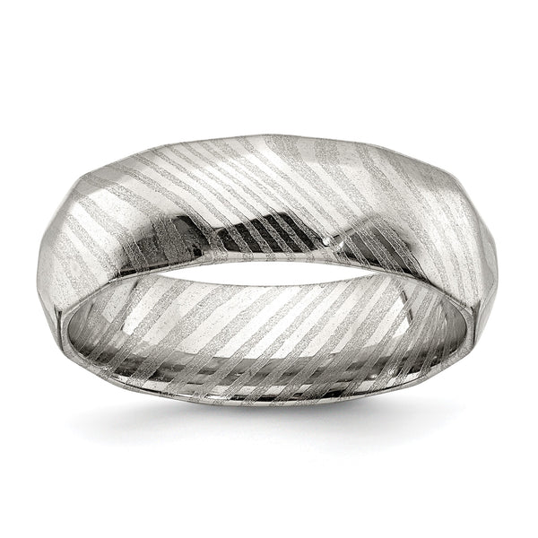 Damascus Steel Polished Faceted 7mm Band - Birthstone Company