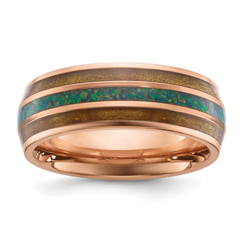 Wood & Opal Inlay Wedding Band in Rose-Tone Stainless Steel, 8mm