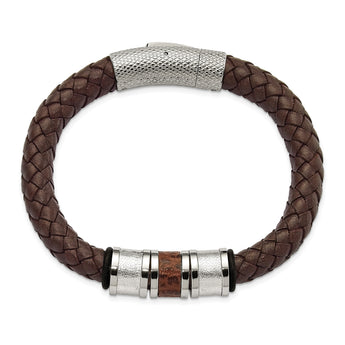 Stainless Steel Polished Brown Leather Black Rubber Bracelet - Birthstone Company
