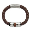 Stainless Steel Polished Brown Leather Black Rubber Bracelet - Birthstone Company