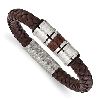 Stainless Steel Polished Brown Leather Black Rubber Bracelet - Birthstone Company