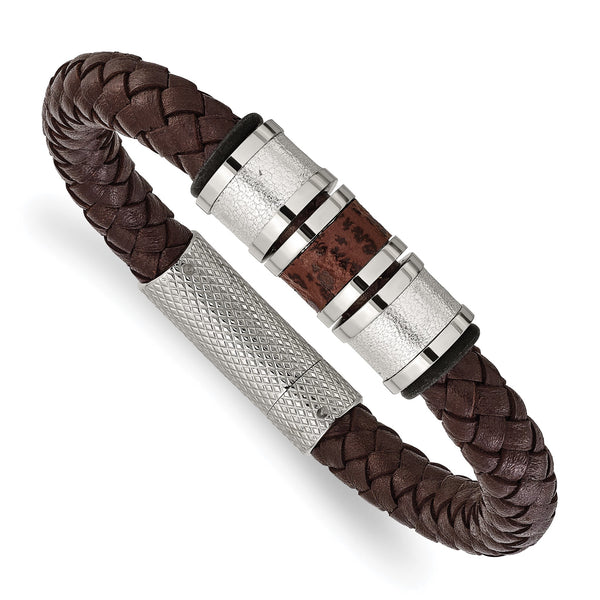 Stainless Steel Polished Brown Leather Black Rubber Bracelet - Birthstone Company