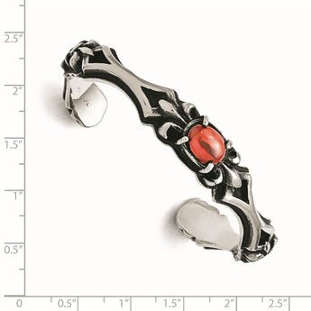 Stainless Steel Polished/Antiqued Fleur De Lis Red Glass Cuff Bangle - Birthstone Company