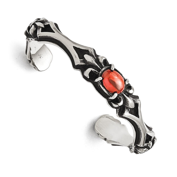 Stainless Steel Polished/Antiqued Fleur De Lis Red Glass Cuff Bangle - Birthstone Company