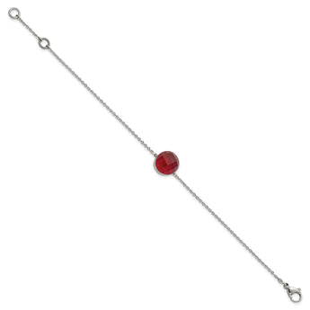 Stainless Steel Polished Red Glass w/1in ext Bracelet - Birthstone Company