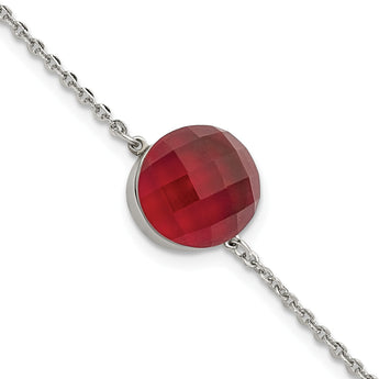 Stainless Steel Polished Red Glass w/1in ext Bracelet - Birthstone Company