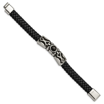 Stainless Steel Antiqued & Polished w/ Blk Onyx Leather Bracelet - Birthstone Company