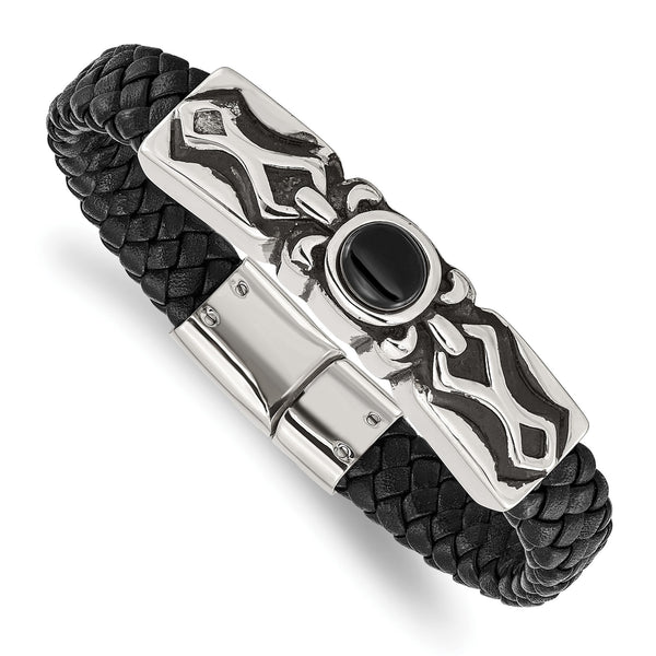 Stainless Steel Antiqued & Polished w/ Blk Onyx Leather Bracelet - Birthstone Company