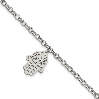 Stainless Steel Polished Chamseh/Hamsa 7in. Bracelet - Birthstone Company