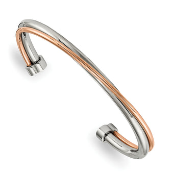 Stainless Steel Polished Rose IP-plated Twisted Cuff Bangle - Birthstone Company