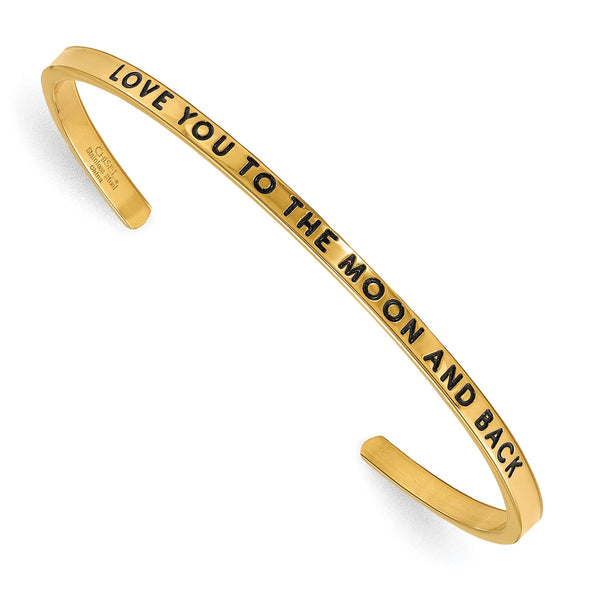 Stainless Steel Yellow IP-plated Love you to the Moon CZ 3mm Cuff Bangle - Birthstone Company