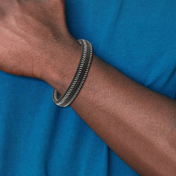 Stainless Steel Polished Black Leather w/Wire Adjust 8in to 8.5in Bracelet - Birthstone Company