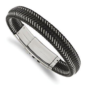 Stainless Steel Polished Black Leather w/Wire Adjust 8in to 8.5in Bracelet - Birthstone Company