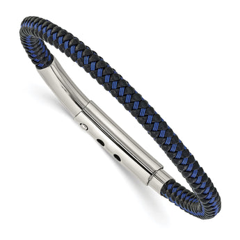 Stainless Steel Polished Black and Blue PU Adjust 7.75in to 8.25in Bracelet - Birthstone Company