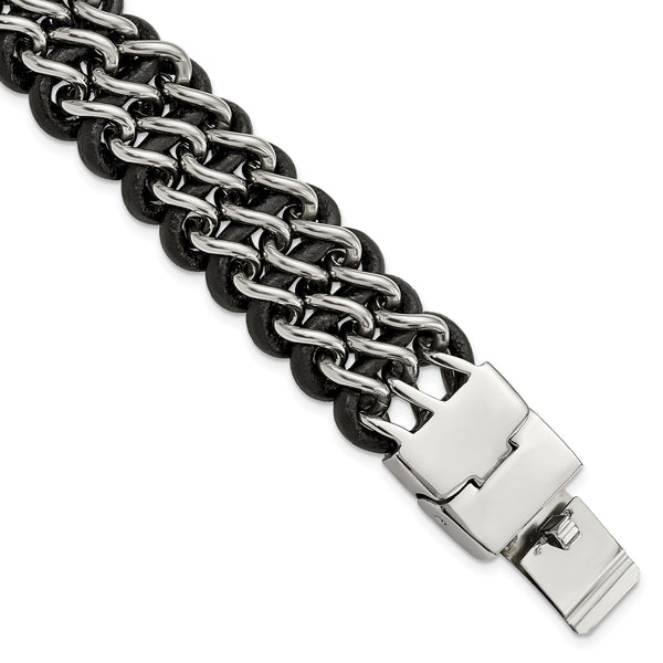 Stainless Steel Polished Black Leather Bracelet - Birthstone Company
