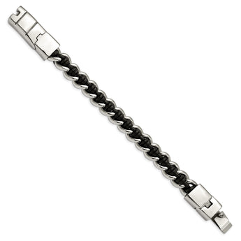 Stainless Steel Polished Black Leather 8.5in Bracelet - Birthstone Company