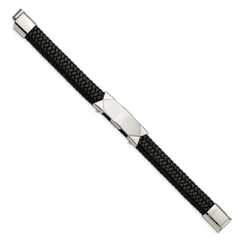 Stainless Steel Brushed and Polished Black Leather 8.5in ID Bracelet - Birthstone Company