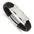Stainless Steel Brushed and Polished Black Leather 8.5in ID Bracelet - Birthstone Company