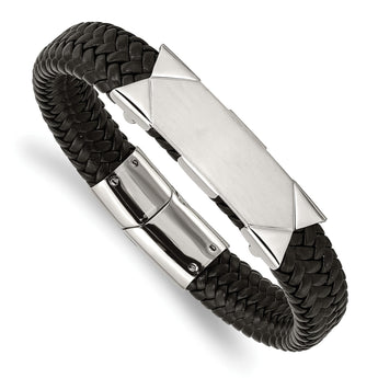 Stainless Steel Brushed and Polished Black Leather 8.5in ID Bracelet - Birthstone Company