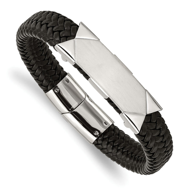 Stainless Steel Brushed and Polished Black Leather 8.5in ID Bracelet - Birthstone Company