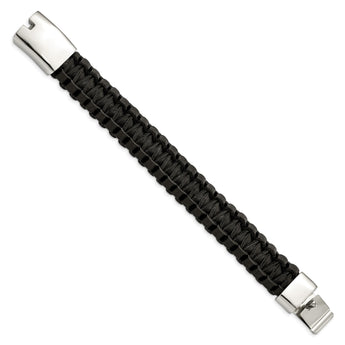 Stainless Steel Polished Flat Braided Black Leather Bracelet - Birthstone Company