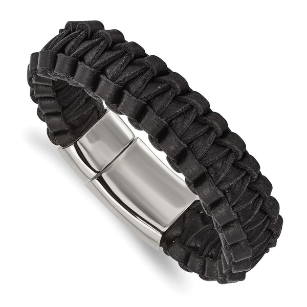 Stainless Steel Polished Flat Braided Black Leather Bracelet - Birthstone Company