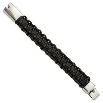 Stainless Steel Polished Rounded Braided Black Leather Bracelet - Birthstone Company